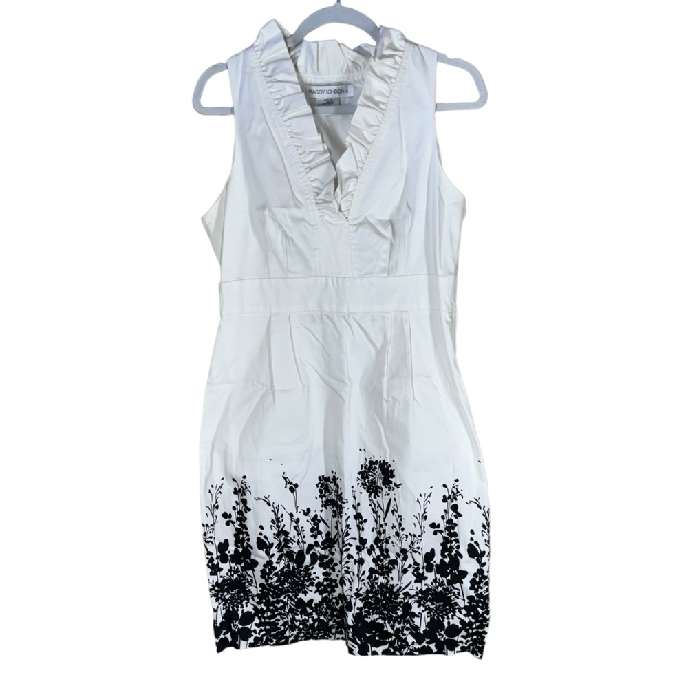 Maggy London Floral Ruffle Cotton Midi Dress White & Black Size 12